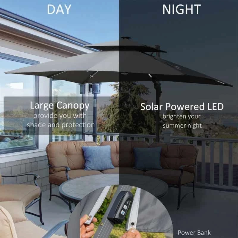 Outsunny 3m Cantilever Parasol Solar LED Lighted Hanging Canopy With Tilt And Crank Handle And Cross Base - Grey - 84D-184CG 6 Outsunny 3m Cantilever Parasol Solar LED Lighted Hanging Canopy With Tilt And Crank Handle And Cross Base - Grey - 84D-184CG - Image 6