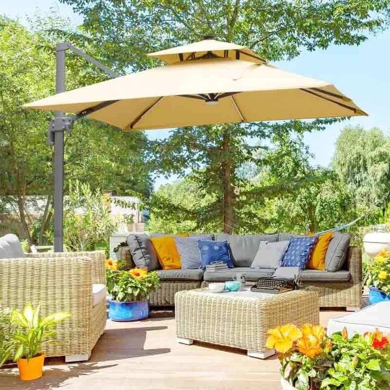 Outsunny 3m Cantilever Parasol Solar LED Lighted Hanging Canopy With Tilt And Crank Handle And Cross Base - Beige - 84D-184KK 1 Outsunny 3m Cantilever Parasol Solar LED Lighted Hanging Canopy With Tilt And Crank Handle And Cross Base - Beige - 84D-184KK