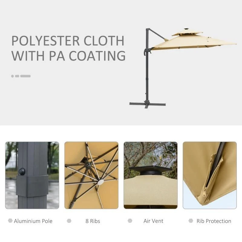 Outsunny 3m Cantilever Parasol Solar LED Lighted Hanging Canopy With Tilt And Crank Handle And Cross Base - Beige - 84D-184KK 7 Outsunny 3m Cantilever Parasol Solar LED Lighted Hanging Canopy With Tilt And Crank Handle And Cross Base - Beige - 84D-184KK - Image 7