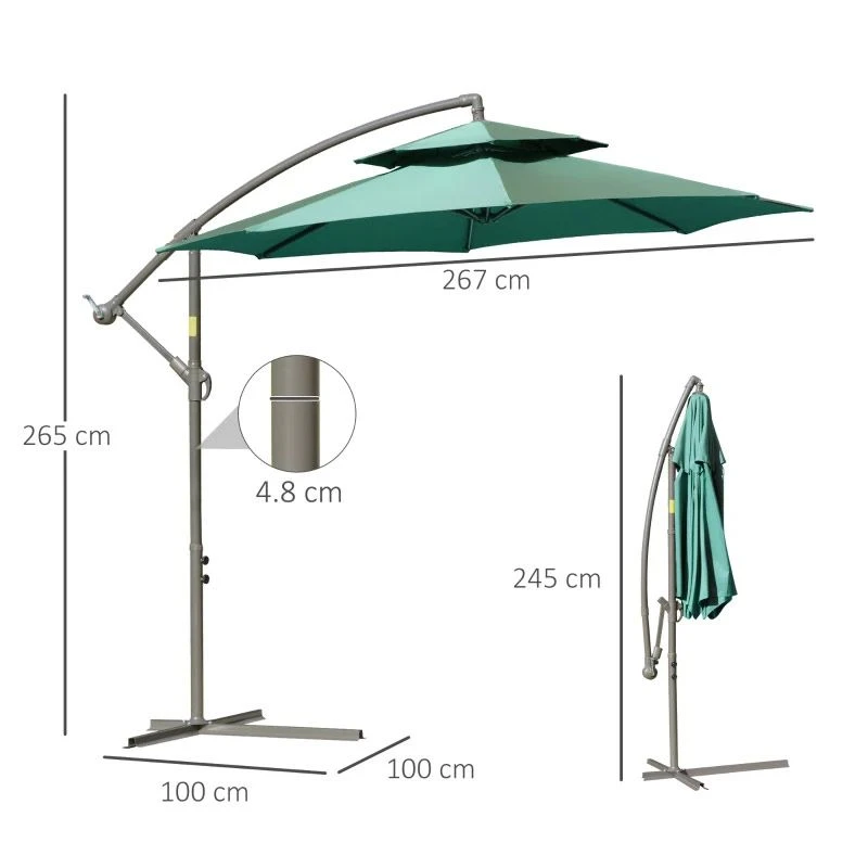 Outsunny 2.7m Banana Cantilever Parasol With Crank Handle And Cross Base - Green - 84D-187GN 10 Outsunny 2.7m Banana Cantilever Parasol With Crank Handle And Cross Base - Green - 84D-187GN - Image 10