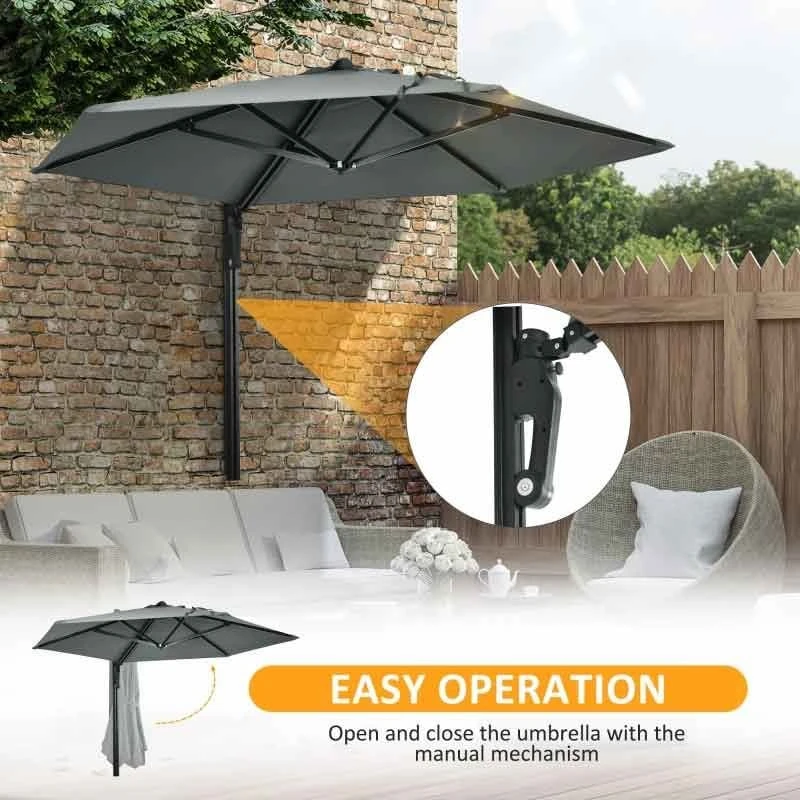 Outsunny Hand To Push Wall Mounted Parasol With 180° Rotatable Canopy - Grey - 84D-210V00GY 7 Outsunny Hand To Push Wall Mounted Parasol With 180° Rotatable Canopy - Grey - 84D-210V00GY - Image 7