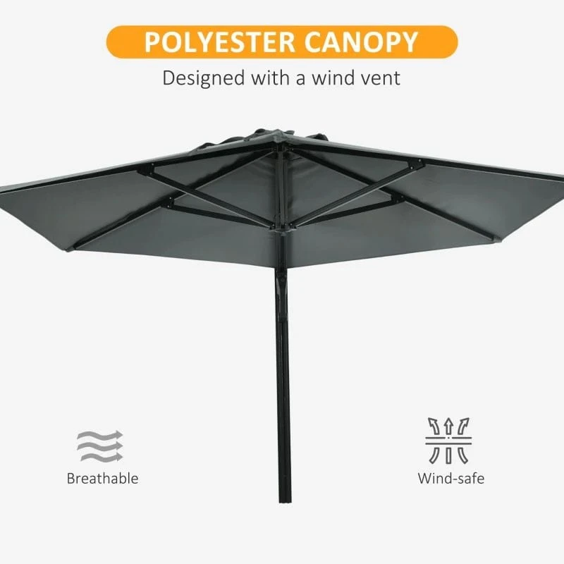Outsunny Hand To Push Wall Mounted Parasol With 180° Rotatable Canopy - Grey - 84D-210V00GY 6 Outsunny Hand To Push Wall Mounted Parasol With 180° Rotatable Canopy - Grey - 84D-210V00GY - Image 6