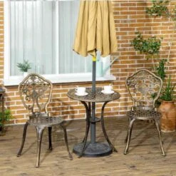 Outsunny 3 Piece Cast Aluminium Bistro Set With Parasol Hole - Bronze - 84G-042V00BN -OUTSUNNY Sales Shop outsunny 84g 042v00bn 9