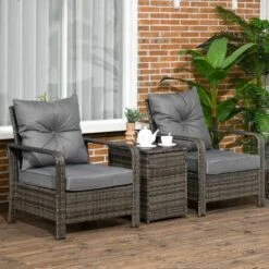 Outsunny 2-Seater PE Rattan Garden Set With Padded Chair Storage Table - Grey - 860-111V71GY