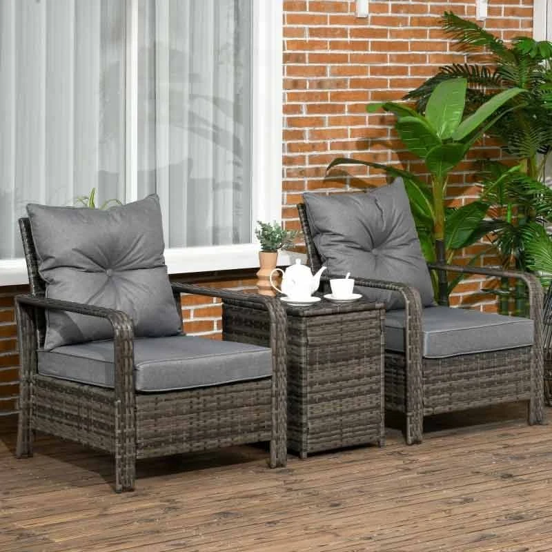 Outsunny 2-Seater PE Rattan Garden Set With Padded Chair Storage Table - Grey - 860-111V71GY 1 Outsunny 2-Seater PE Rattan Garden Set With Padded Chair Storage Table - Grey - 860-111V71GY