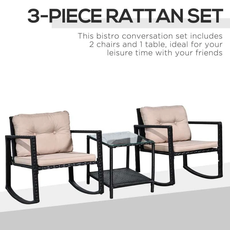 Outsunny 2 Seater Rattan Rocking Bistro Set With Cushion -Black / Beige - 867-036 5 Outsunny 2 Seater Rattan Rocking Bistro Set With Cushion -Black / Beige - 867-036 - Image 5