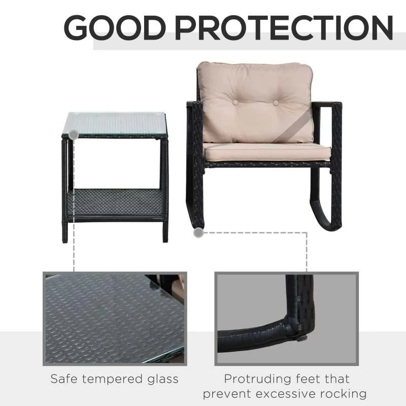 Outsunny 2 Seater Rattan Rocking Bistro Set With Cushion -Black / Beige - 867-036 4 Outsunny 2 Seater Rattan Rocking Bistro Set With Cushion -Black / Beige - 867-036 - Image 4