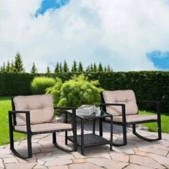 Outsunny 2 Seater Rattan Rocking Bistro Set With Cushion -Black / Beige - 867-036