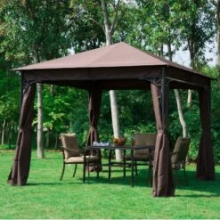 Outsunny Metal Garden Gazebo With Curtains 3000x3000mm - Coffee - 01-0873