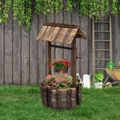 Outsunny Wishing Well Planter Bucket - Brown - 844-130