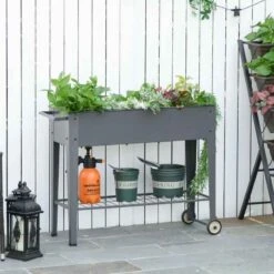 Outsunny Raised Portable Garden Bed With Shelf - Grey - 845-384GY