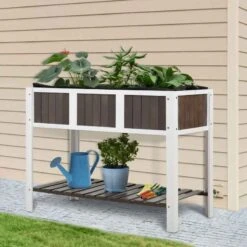 Outsunny Wooden Raised Garden Planter With Shelf - Grey/White - 845-473