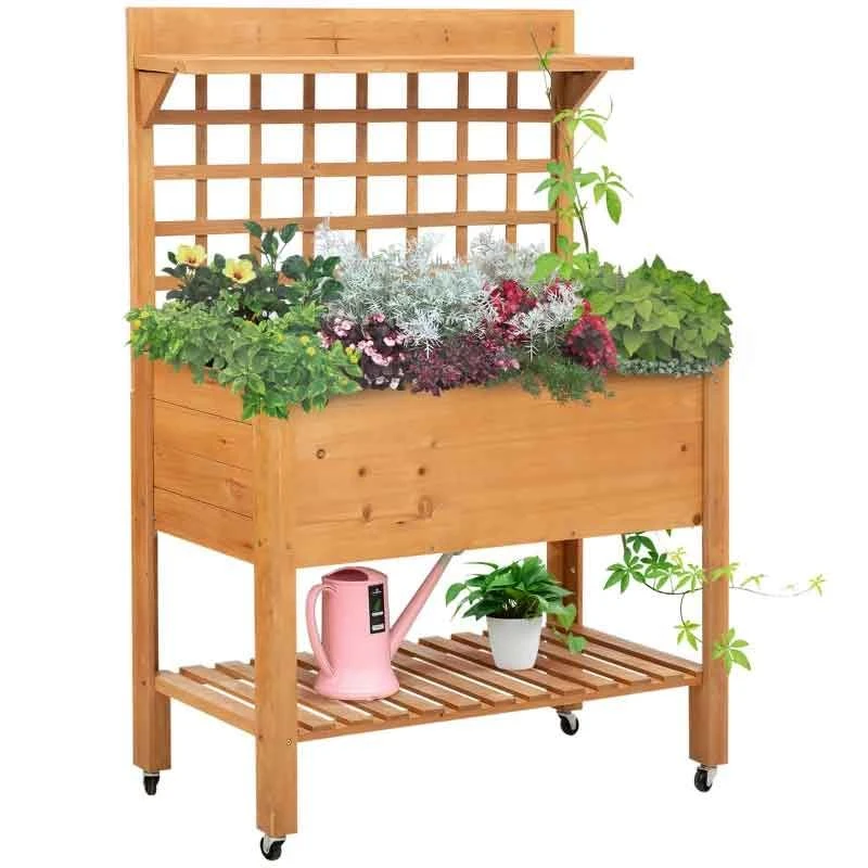 Outsunny Raised Planter With 2 Shelves - Brown - 845-475V01 1 Outsunny Raised Planter With 2 Shelves - Brown - 845-475V01