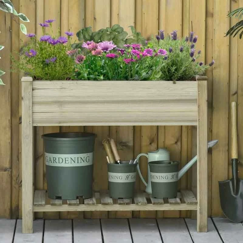 Outsunny Raised Garden Planter With Storage Shelf - Brown - 845-661 2 Outsunny Raised Garden Planter With Storage Shelf - Brown - 845-661 - Image 2