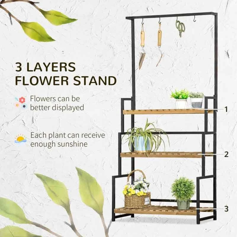 Outsunny 3 Tier Plant Stand With Hanging Hooks - Natural/Black - 845-788V00ND 10 Outsunny 3 Tier Plant Stand With Hanging Hooks - Natural/Black - 845-788V00ND - Image 10