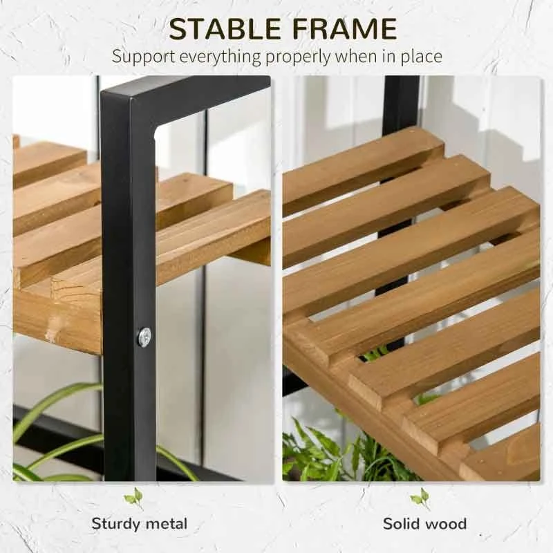 Outsunny 3 Tier Plant Stand With Hanging Hooks - Natural/Black - 845-788V00ND 8 Outsunny 3 Tier Plant Stand With Hanging Hooks - Natural/Black - 845-788V00ND - Image 8