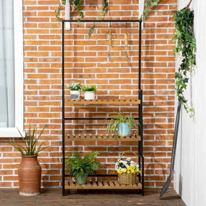 Outsunny 3 Tier Plant Stand With Hanging Hooks - Natural/Black - 845-788V00ND 3 Outsunny 3 Tier Plant Stand With Hanging Hooks - Natural/Black - 845-788V00ND - Image 3