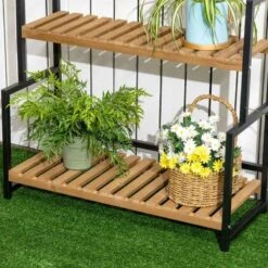 Outsunny 3 Tier Plant Stand With Hanging Hooks - Natural/Black - 845-788V00ND 16 Outsunny 3 Tier Plant Stand With Hanging Hooks - Natural/Black - 845-788V00ND -OUTSUNNY Sales Shop outsunny 845788v00nd lifestyle