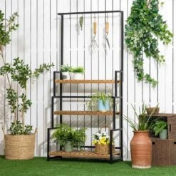 Outsunny 3 Tier Plant Stand With Hanging Hooks - Natural/Black - 845-788V00ND