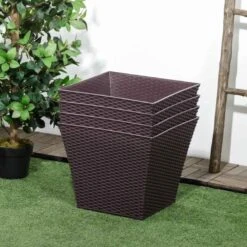 Outsunny Rattan Effect Plant Pots - Pack Of 4 - Brown - 845-822V00BN