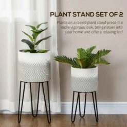 Outsunny Metal Plant Stand With Pot - Set Of 2 - White/Grey/Black - 845-826V01GY -OUTSUNNY Sales Shop outsunny 845826v01gy 1