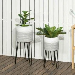 Outsunny Metal Plant Stand With Pot - Set Of 2 - White/Grey/Black - 845-826V01GY -OUTSUNNY Sales Shop outsunny 845826v01gy main image