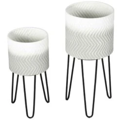Outsunny Metal Plant Stand With Pot - Set Of 2 - White/Grey/Black - 845-826V01GY -OUTSUNNY Sales Shop outsunny 845826v01gy main view 1
