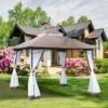 Outsunny Metal Garden Gazebo With Mesh Curtains 3000x3000mm - Brown - 84C-010CF