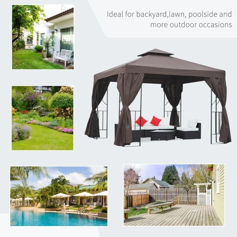 Outsunny 2 Tier Garden Gazebo With Curtains 3000x3000mm - Brown - 84C-043BN 5 Outsunny 2 Tier Garden Gazebo With Curtains 3000x3000mm - Brown - 84C-043BN - Image 5