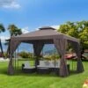 Outsunny 2 Tier Garden Gazebo With Curtains 3000x3000mm - Brown - 84C-043BN