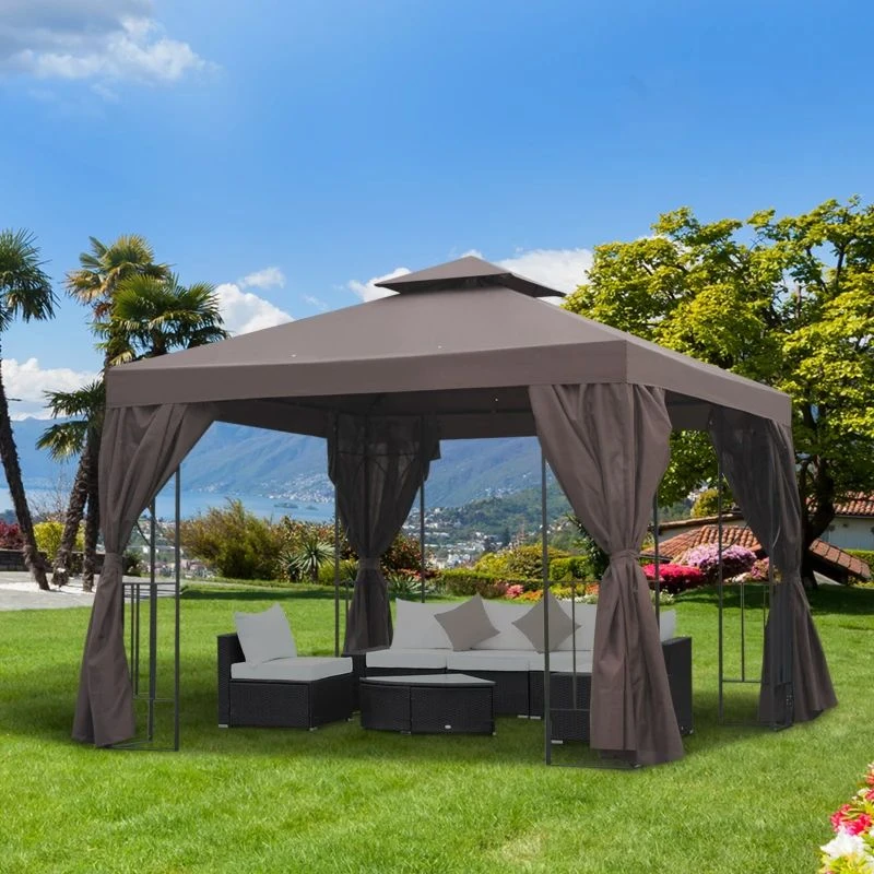Outsunny 2 Tier Garden Gazebo With Curtains 3000x3000mm - Brown - 84C-043BN 1 Outsunny 2 Tier Garden Gazebo With Curtains 3000x3000mm - Brown - 84C-043BN