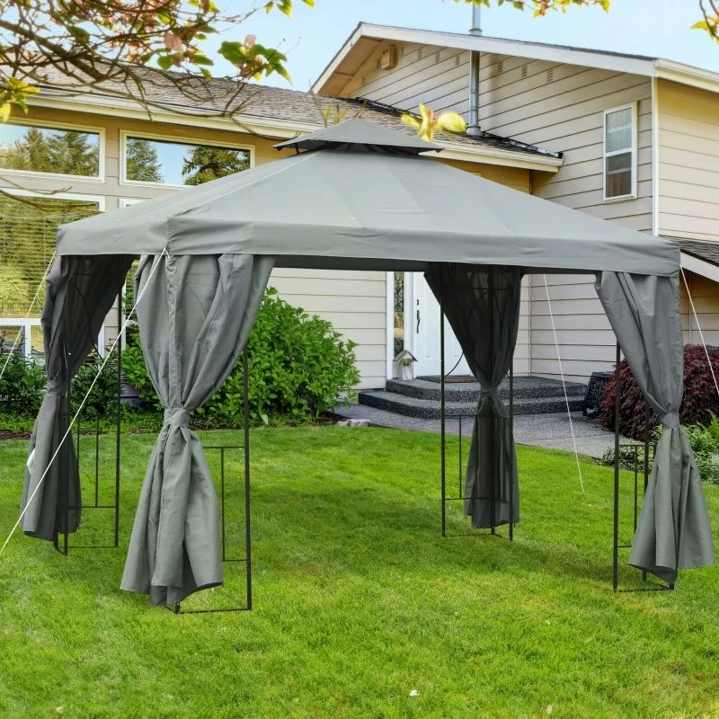Outsunny 2 Tier Garden Gazebo With Curtains 3000x3000mm - Grey - 84C-043CG 1 Outsunny 2 Tier Garden Gazebo With Curtains 3000x3000mm - Grey - 84C-043CG