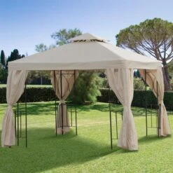 Outsunny 2 Tier Garden Gazebo With Curtains 3000x3000mm - Beige - 84C-043CW