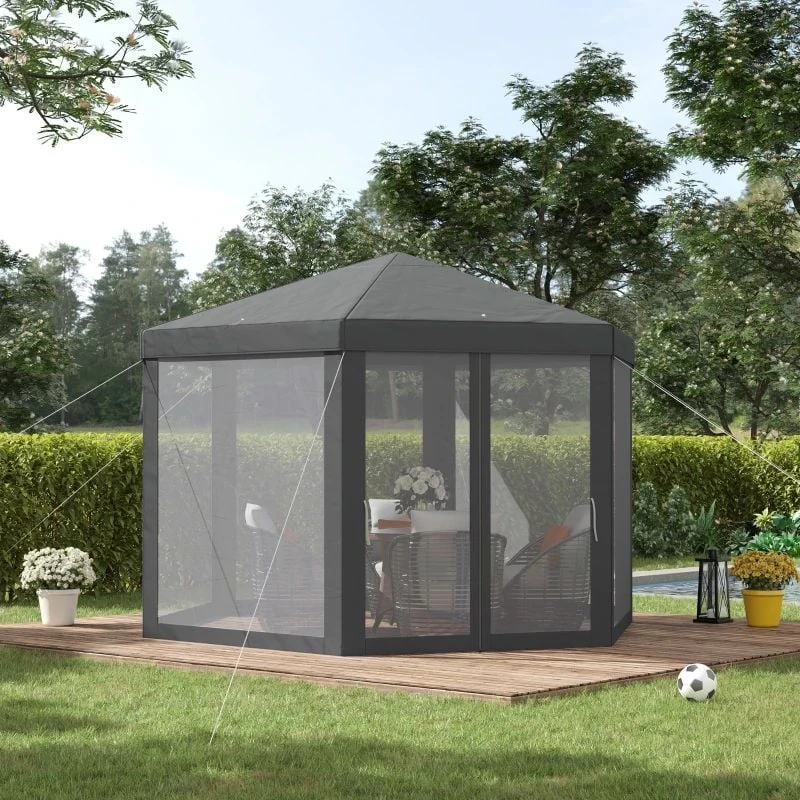 Outsunny Hexagon Gazebo With Netting Walls 4000x4000mm - Grey - 84C-044CG 1 Outsunny Hexagon Gazebo With Netting Walls 4000x4000mm - Grey - 84C-044CG