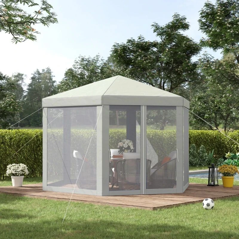 Outsunny Hexagon Gazebo With Netting Walls 4000x4000mm - Cream White - 84C-044CW 1 Outsunny Hexagon Gazebo With Netting Walls 4000x4000mm - Cream White - 84C-044CW