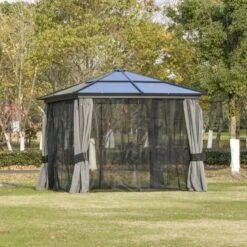 Outsunny Hardtop Garden Gazebo With Mesh Curtains 3000x3000mm - Dark Grey - 84C-049CG