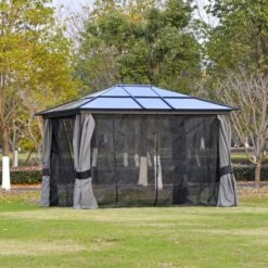 Outsunny Hardtop Garden Gazebo With Mesh Curtains 3600x3000mm - Dark Grey - 84C-049V01