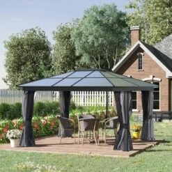 Outsunny Hardtop Garden Gazebo With Mesh Curtains 3600x4000mm - Dark Grey - 84C-049V02