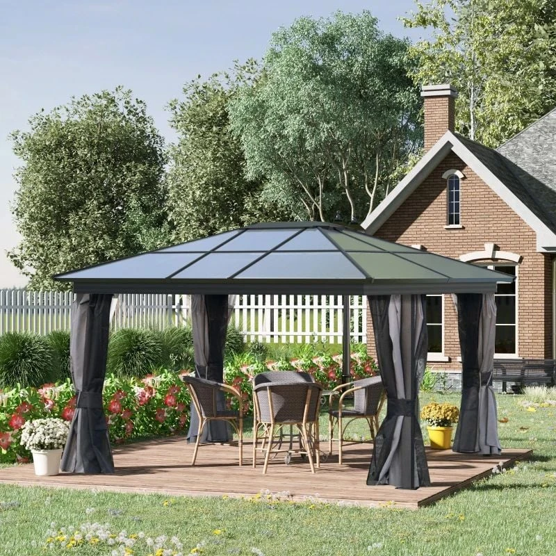 Outsunny Hardtop Garden Gazebo With Mesh Curtains 3600x4000mm - Dark Grey - 84C-049V02 1 Outsunny Hardtop Garden Gazebo With Mesh Curtains 3600x4000mm - Dark Grey - 84C-049V02