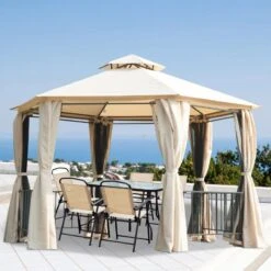 Outsunny 2 Tier Hexagon Garden Party Tent 3000x3000mm - Beige - 84C-052YL
