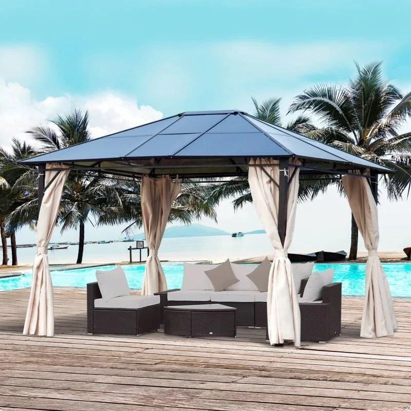 Outsunny Hardtop Garden Gazebo With Curtains 3000x3600mm - Brown - 84C-069 1 Outsunny Hardtop Garden Gazebo With Curtains 3000x3600mm - Brown - 84C-069