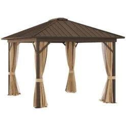Outsunny Hardtop Garden Gazebo With Curtains And Nets 3000x3600mm - Brown - 84C-095V01