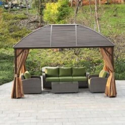 Outsunny Hardtop Garden Gazebo With Curtains 4000x3000 - Brown - 84C-097