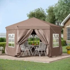 Outsunny Pop-up Garden Gazebo With Curtains & Windows 4000x4000mm - Brown - 84C-106 -OUTSUNNY Sales Shop outsunny 84c 106 1