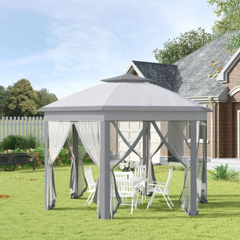 Outsunny Pop-up Hexagon Gazebo With Mesh Sidewalls 4000x4000mm - Grey - 84C-120GY 1 Outsunny Pop-up Hexagon Gazebo With Mesh Sidewalls 4000x4000mm - Grey - 84C-120GY