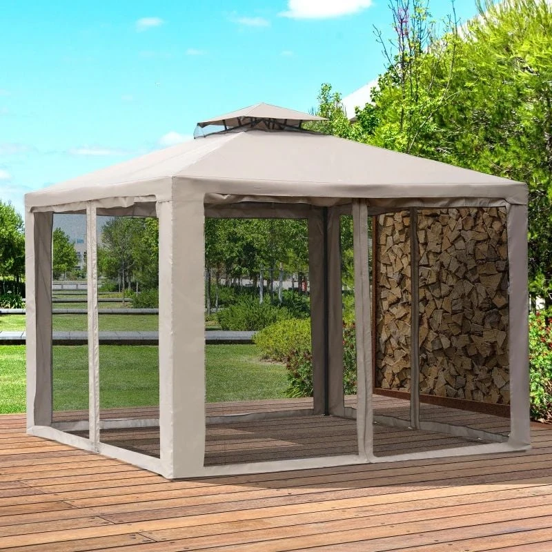 Outsunny 2 Tier Garden Gazebo With Curtains 3000x3000mm - Taupe - 84C-133CG 1 Outsunny 2 Tier Garden Gazebo With Curtains 3000x3000mm - Taupe - 84C-133CG