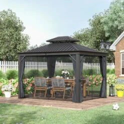 Outsunny 2 Tier Hardtop Gazebo With Curtains And Nets 3000x3700mm - Grey - 84C-204V02CG