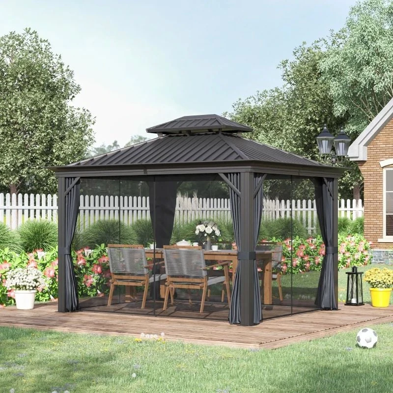 Outsunny 2 Tier Hardtop Gazebo With Curtains And Nets 3000x3700mm - Grey - 84C-204V02CG 1 Outsunny 2 Tier Hardtop Gazebo With Curtains And Nets 3000x3700mm - Grey - 84C-204V02CG