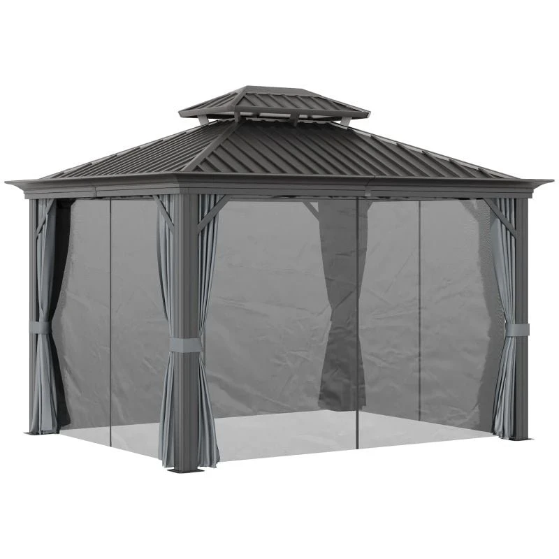 Outsunny 2 Tier Hardtop Gazebo With Curtains And Nets 3000x3700mm - Grey - 84C-204V02CG 3 Outsunny 2 Tier Hardtop Gazebo With Curtains And Nets 3000x3700mm - Grey - 84C-204V02CG - Image 3