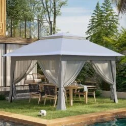 Outsunny 2 Tier Pop-up Garden Gazebo With Mesh Curtains 3000x3600mm - Light Grey - 84C-252GY